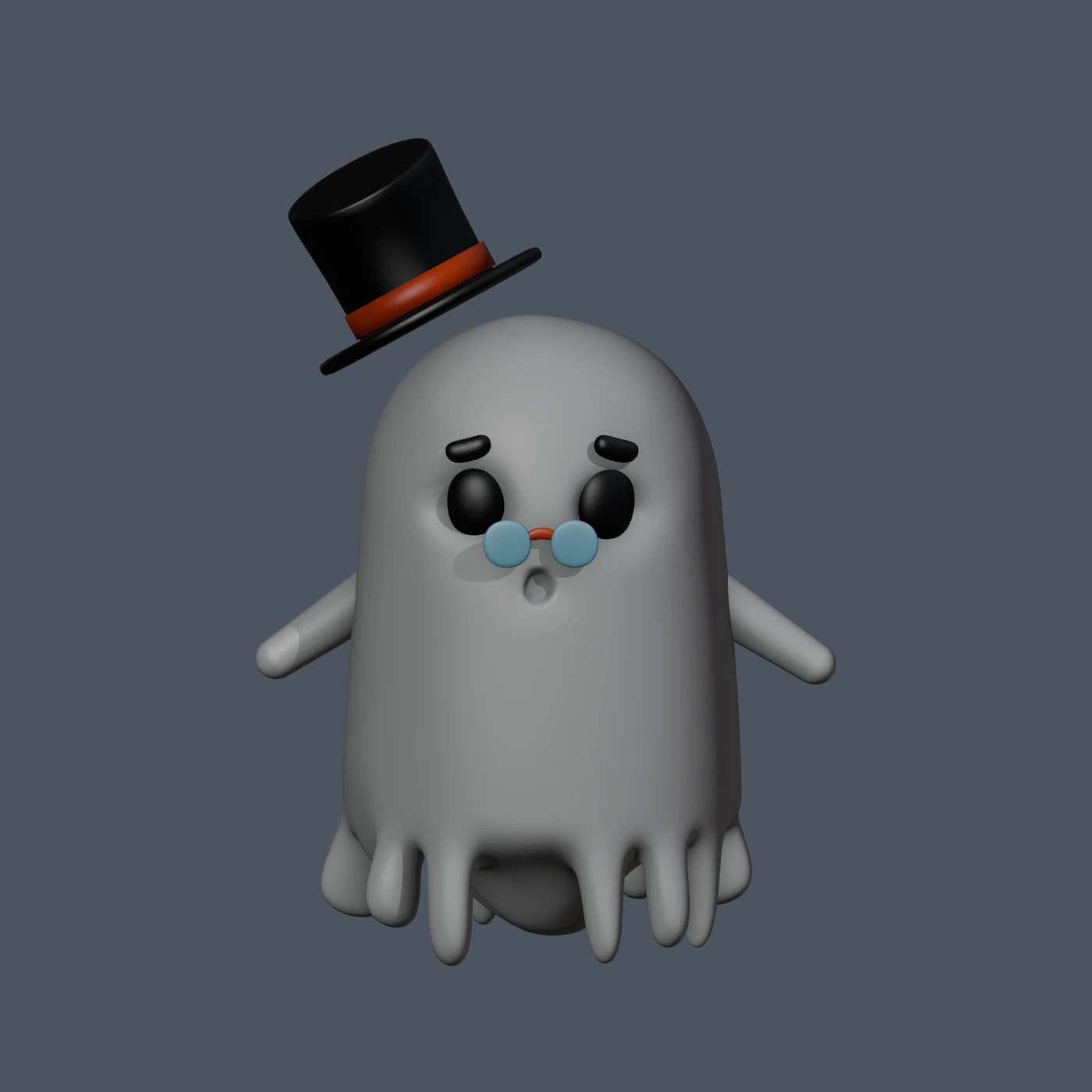 Front view of my Ghost character for the game. Modelled after a tutorial on youtube. https://www.youtube.com/watch?v=gj499sk5Szg&pp=ygUWbW9kZWwgM2QgZ2hvc3QgYmxlbmRlctIHCQk1DAGHKiGM7w%3D%3D 