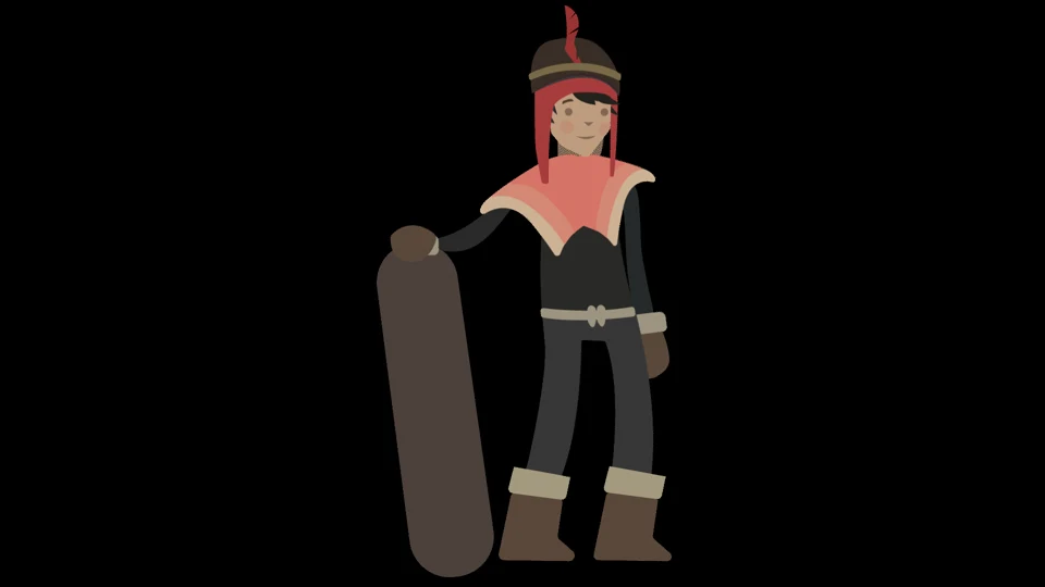 Kira character in winter clothing holding a board.