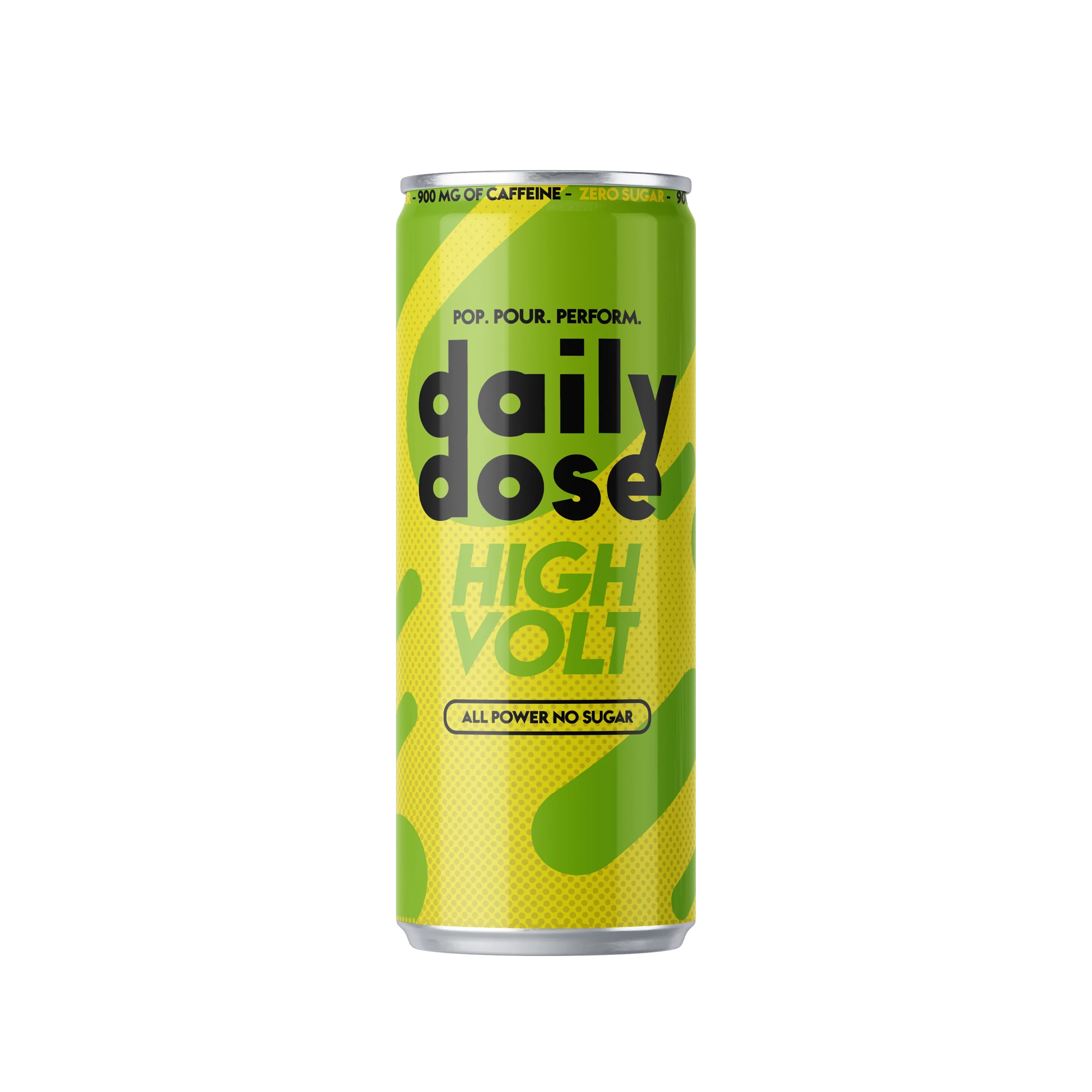 Yellow-green daily dose can with rounded graphics, black branding and the words “HIGH VOLT”.