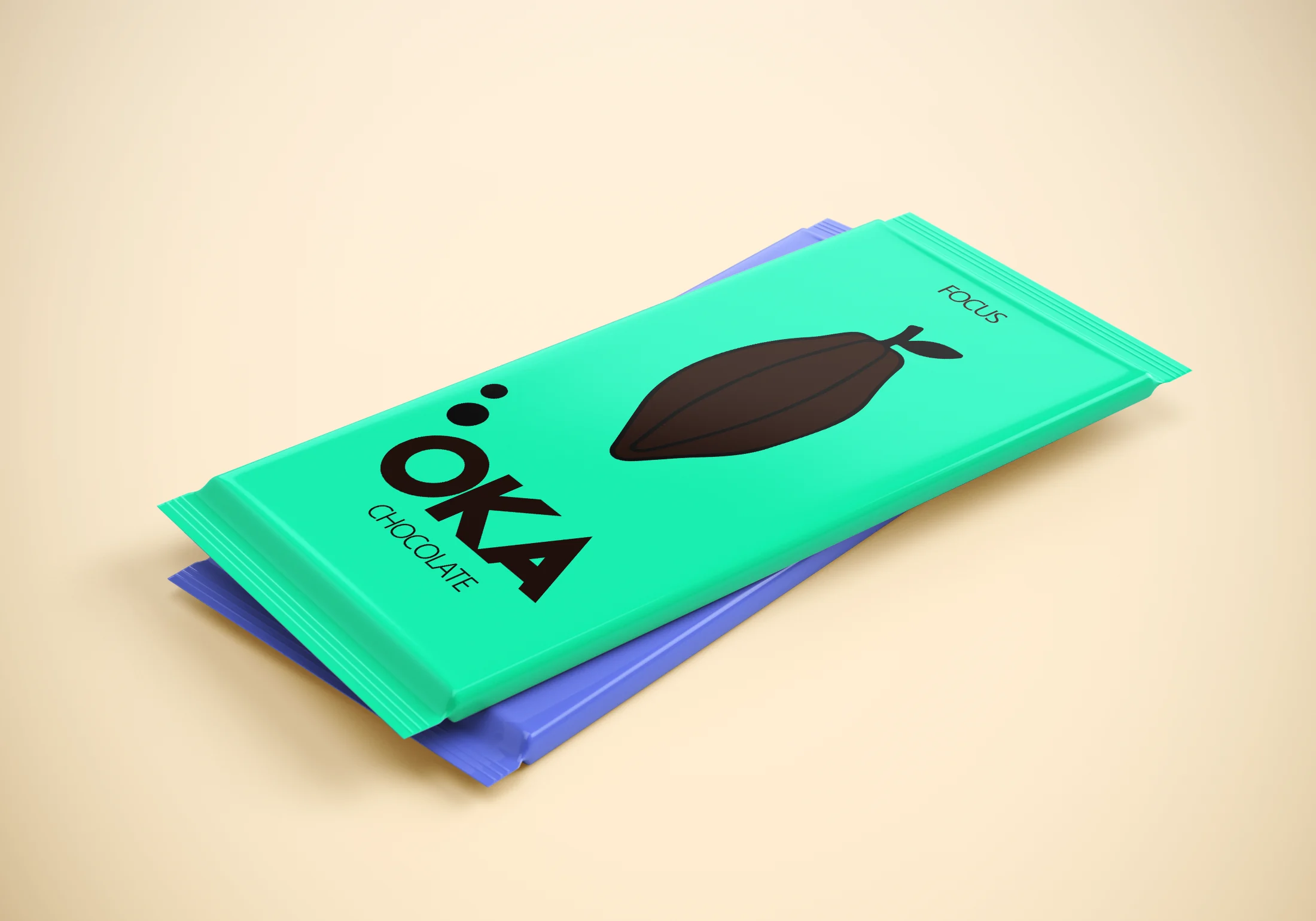 Stacked turquoise and purple ÖKA chocolate wrappers, shown at an angle on a warm background.